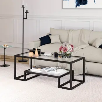 45" Clear And Black Glass And Steel Sled Coffee Table With Shelf