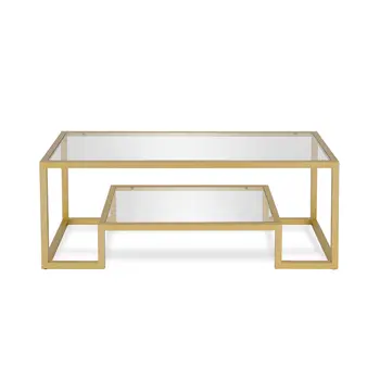45" Clear And Gold Glass And Steel Sled Coffee Table With Shelf