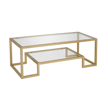 45" Clear And Gold Glass And Steel Sled Coffee Table With Shelf
