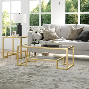 45" Clear And Gold Glass And Steel Sled Coffee Table With Shelf