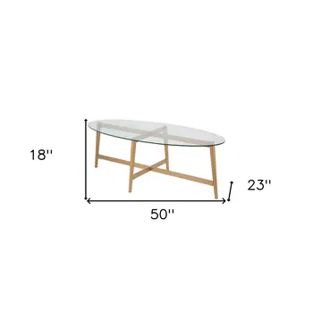 50" Clear And Gold Glass And Steel Oval Coffee Table