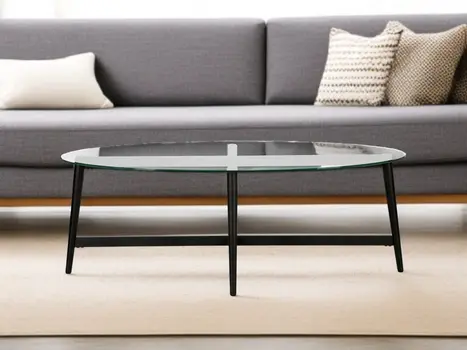 50" Clear And Black Glass And Steel Oval Coffee Table