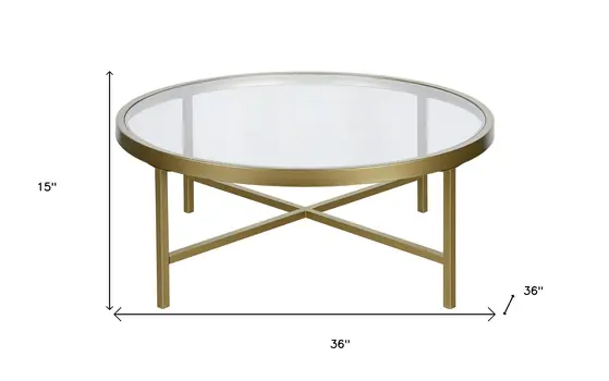 36" Gold Glass And Steel Round Coffee Table
