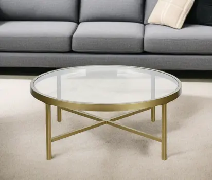 36" Gold Glass And Steel Round Coffee Table
