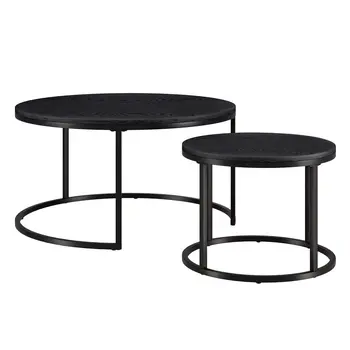 Set of Two Black Wood And Steel Round Frame Nested Coffee Tables