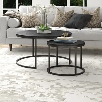 Set of Two Black Wood And Steel Round Frame Nested Coffee Tables