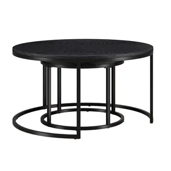 Set of Two Black Wood And Steel Round Frame Nested Coffee Tables