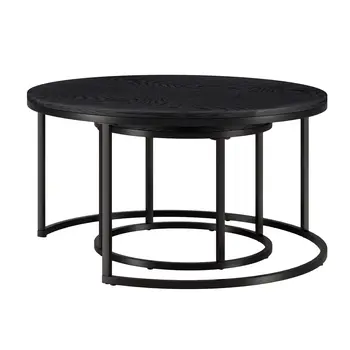 Set of Two Black Wood And Steel Round Frame Nested Coffee Tables