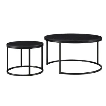 Set of Two Black Wood And Steel Round Frame Nested Coffee Tables