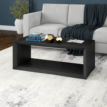 48" Black Faux Wood Coffee Table With Shelf