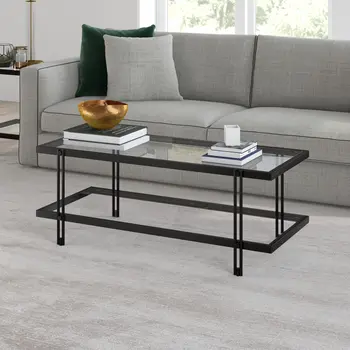45" Black Glass And Steel Coffee Table With Shelf