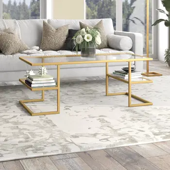 47" Gold Glass And Steel Coffee Table With Two Shelves