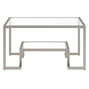 32" Silver Glass And Steel Square Coffee Table With Shelf