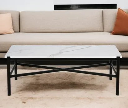 46" Black And White Faux Marble And Steel Coffee Table