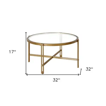 32" Gold Glass And Steel Round Coffee Table
