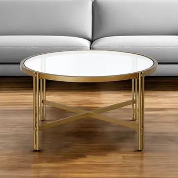 32" Gold Glass And Steel Round Coffee Table