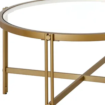 32" Gold Glass And Steel Round Coffee Table