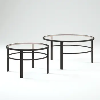 Set of Two 36" Clear And Black Glass And Steel Round Nested Coffee Tables