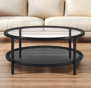 36" Black Glass And Steel Round Coffee Table With Shelf