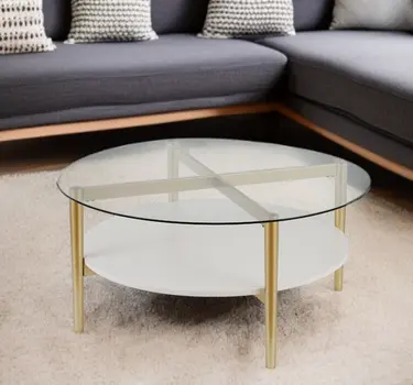 36" Clear And Gold Glass And Steel Round Coffee Table With Shelf