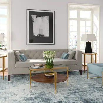 36" Gold Glass And Steel Round Coffee Table With Shelf