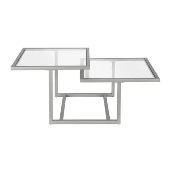 43" Silver Glass And Steel Square Coffee Table With Two Shelves