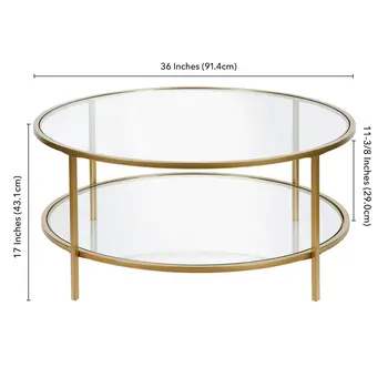 36" Gold Glass And Steel Round Coffee Table With Shelf