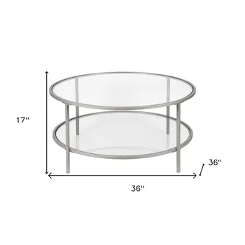 36" Silver Glass And Steel Round Coffee Table With Shelf
