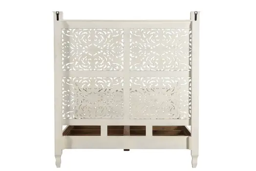White Carved Floral Distressed Solid Wood Queen Bed Frame