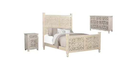 White Carved Floral Distressed Solid Wood Queen Bed Frame