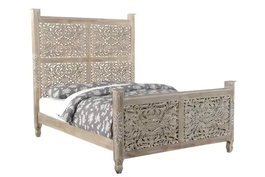 Gray Carved Floral Distressed Solid Wood Queen Bed Frame