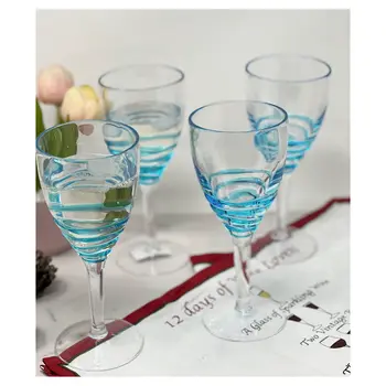 Set of Four Clear and Blue Swirl Acrylic Stemmed All Purpose Wine Glass