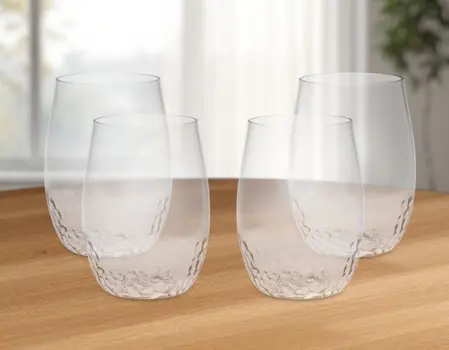 Set of Four Clear Dimpled Tritan Plastic Stemless All Purpose Tumbler Wine Glasses