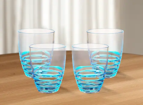 Set of Four Clear and Blue Acrylic Stemless Whiskey Glasses