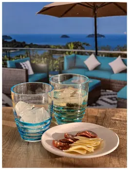 Set of Four Clear and Blue Acrylic Stemless Whiskey Glasses