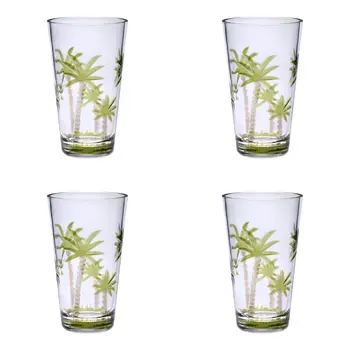 Set of Four Clear and Green Palm Tree Acrylic Highball Glasses