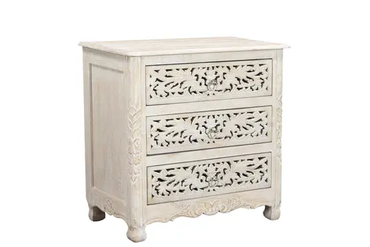 30" White Solid Wood Distressed Three Drawer Nightstand