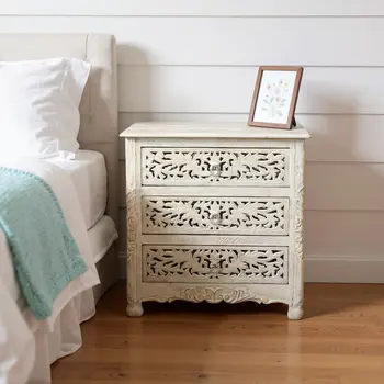 30" White Solid Wood Distressed Three Drawer Nightstand
