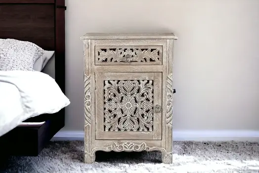 30" Gray Solid Wood Distressed One Drawer Nightstand