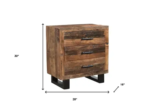 30" Dark Brown Solid Wood Distressed Three Drawer Nightstand