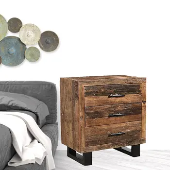 30" Dark Brown Solid Wood Distressed Three Drawer Nightstand