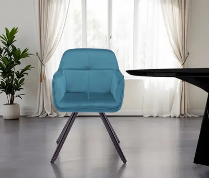 Tufted Blue And Black Velvet and Metal Dining Arm Chair