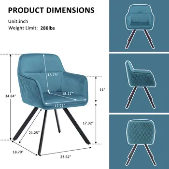 Tufted Blue And Black Velvet and Metal Dining Arm Chair