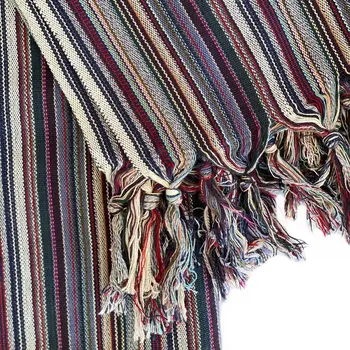 39" X 71" Beige and Indigo Cotton Striped Turkish Towel Throw Blanket with Tassels