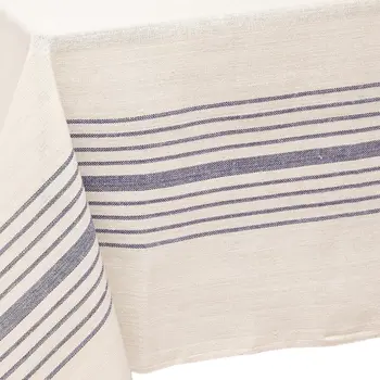 71" x 95" Cream And Blue Striped Cotton Tablecloth And Napkins Set