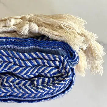 59" X 71" Blue and Beige Cotton Striped Throw Blanket with Tassels