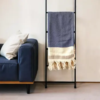 59" X 71" Blue and Beige Cotton Striped Throw Blanket with Tassels