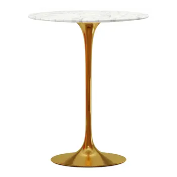 32" White and Gold Rounded Marble and Metal Bar Table