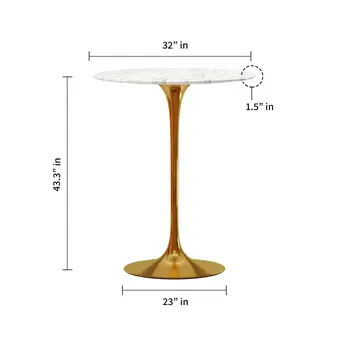 32" White and Gold Rounded Marble and Metal Bar Table