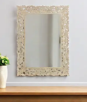 47" Antiqued White Solid Wood Carved Scrollwork Accent Mirror